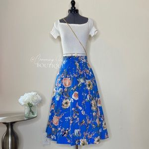 NWOT Mix Nouveau Pleated Midi Skirt, Sky Blue with Pink Floral Print
